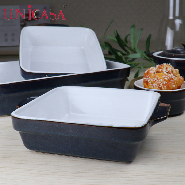 6 Pieces Ceramic Bakeware Set Ceramic bakeware Set Casseerole with lid oven baking tray rectangular baker square baker ramekin in blue reactive