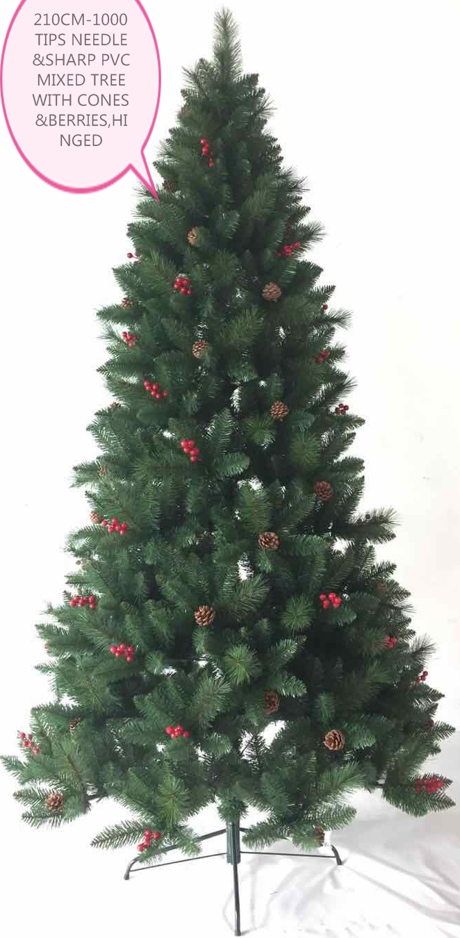 210cm-1000tips Needle&sharp PVC Mixed Tree With Cones&berries,hinged
