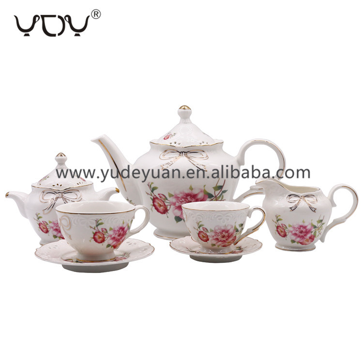 embossed flower design white new bone 29pcs gold plated coffee set tea set
