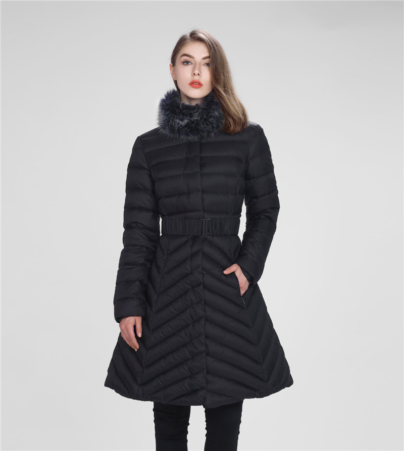 Womens black large fur collar slim waist down coat