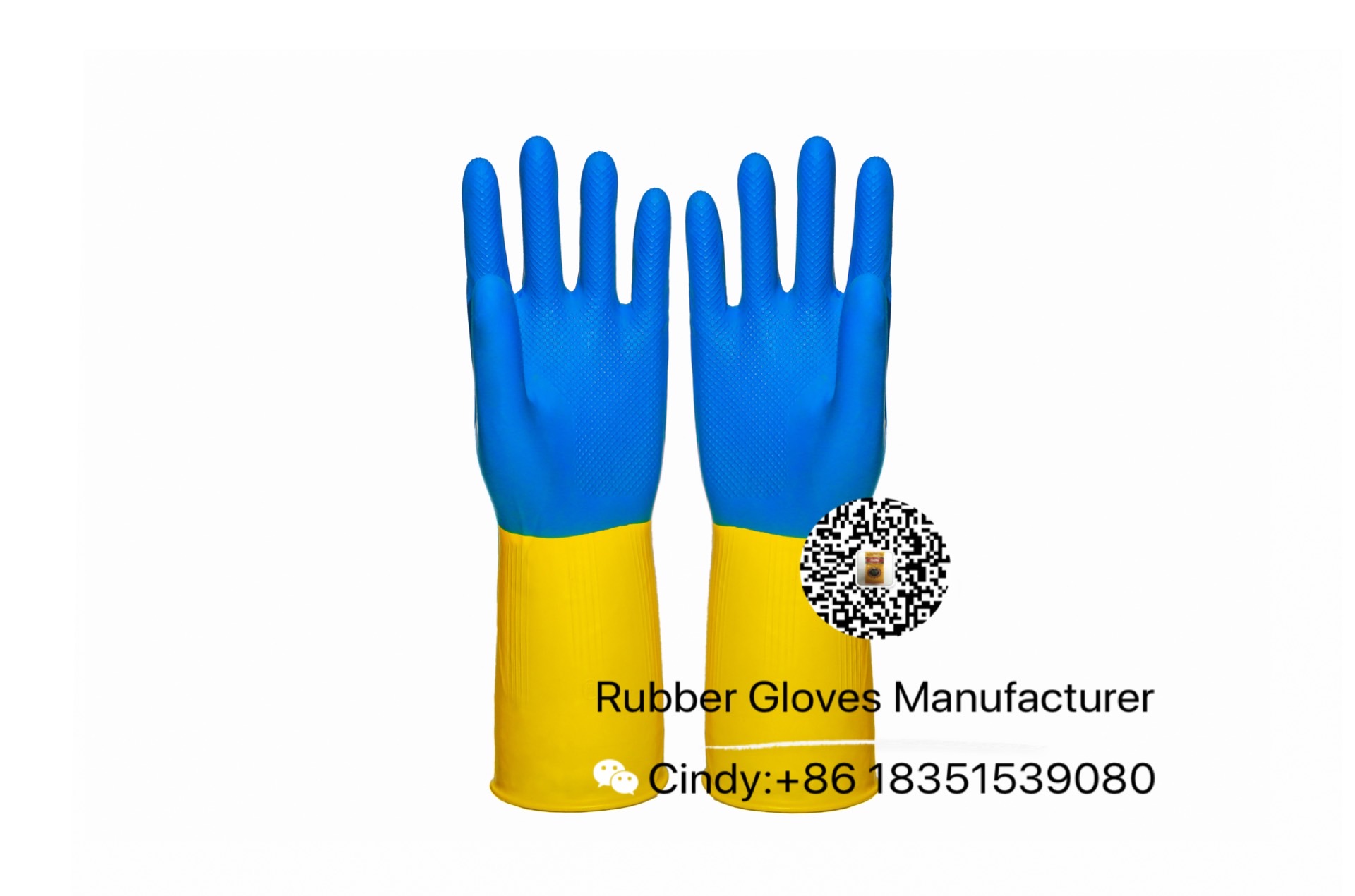 Yellow blue bicolor industrial rubber latex gloves