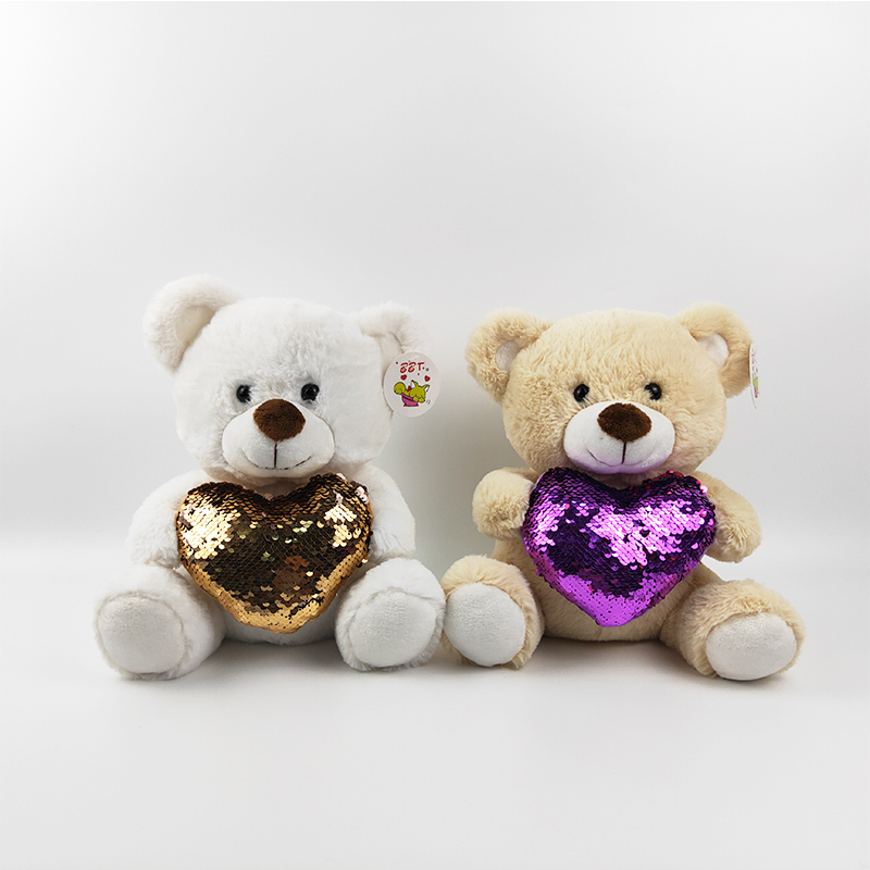 25cm plush Valentine's Day sititng bear with reversible sequins shinny heart