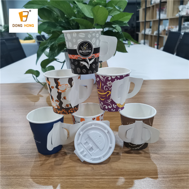Wholesale china supplier custom printed single PE coated 7oz paper coffee cup with handle