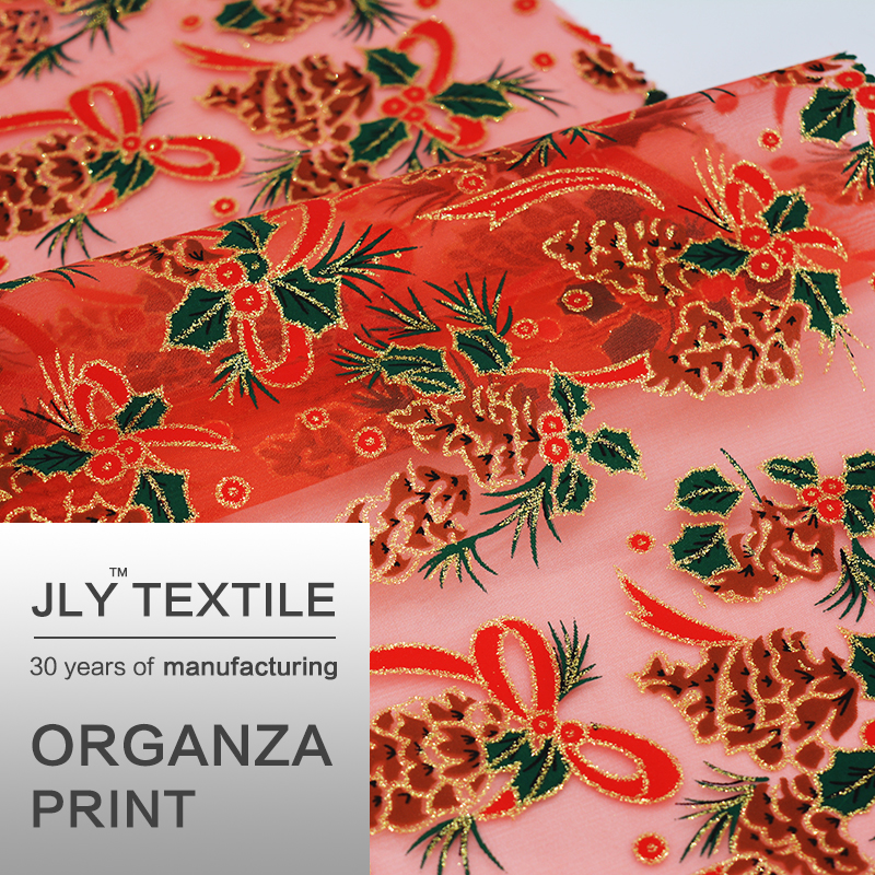 JLY Organza Fabric, Poinsettia Print Red For Clothing Wedding Party Gift Dress Decorations