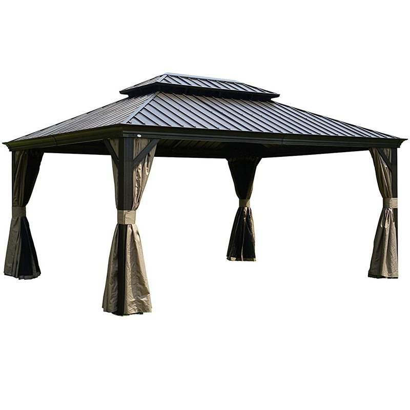 1 Outdoor leisure furniture Outdoor Aluminum Double Roof Hardtop Gazebo 4-Season Outdoor Sun Shelter with Mosquito Net and Removable Curtains 12x16Ft