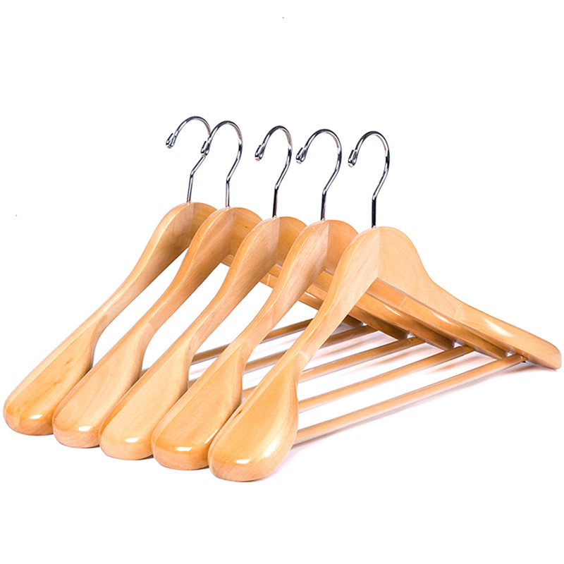 Luxury natural wooden wide shoulder coat hanger with round trousers bar