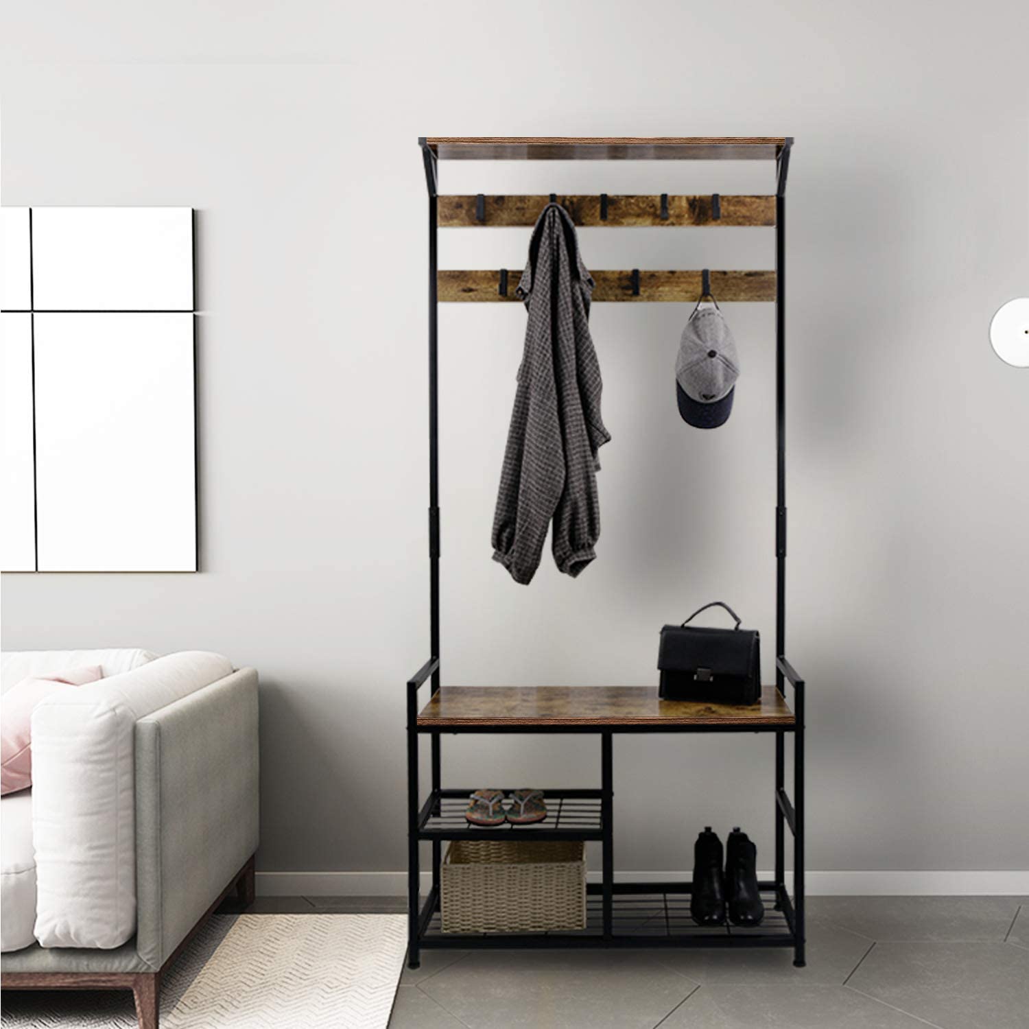 Modern Industrial Coat Tree,Coat Rack Shoe Bench with Removable 9 Hooks, Hall Tree Entryway Storage Shelf, Metal Frame