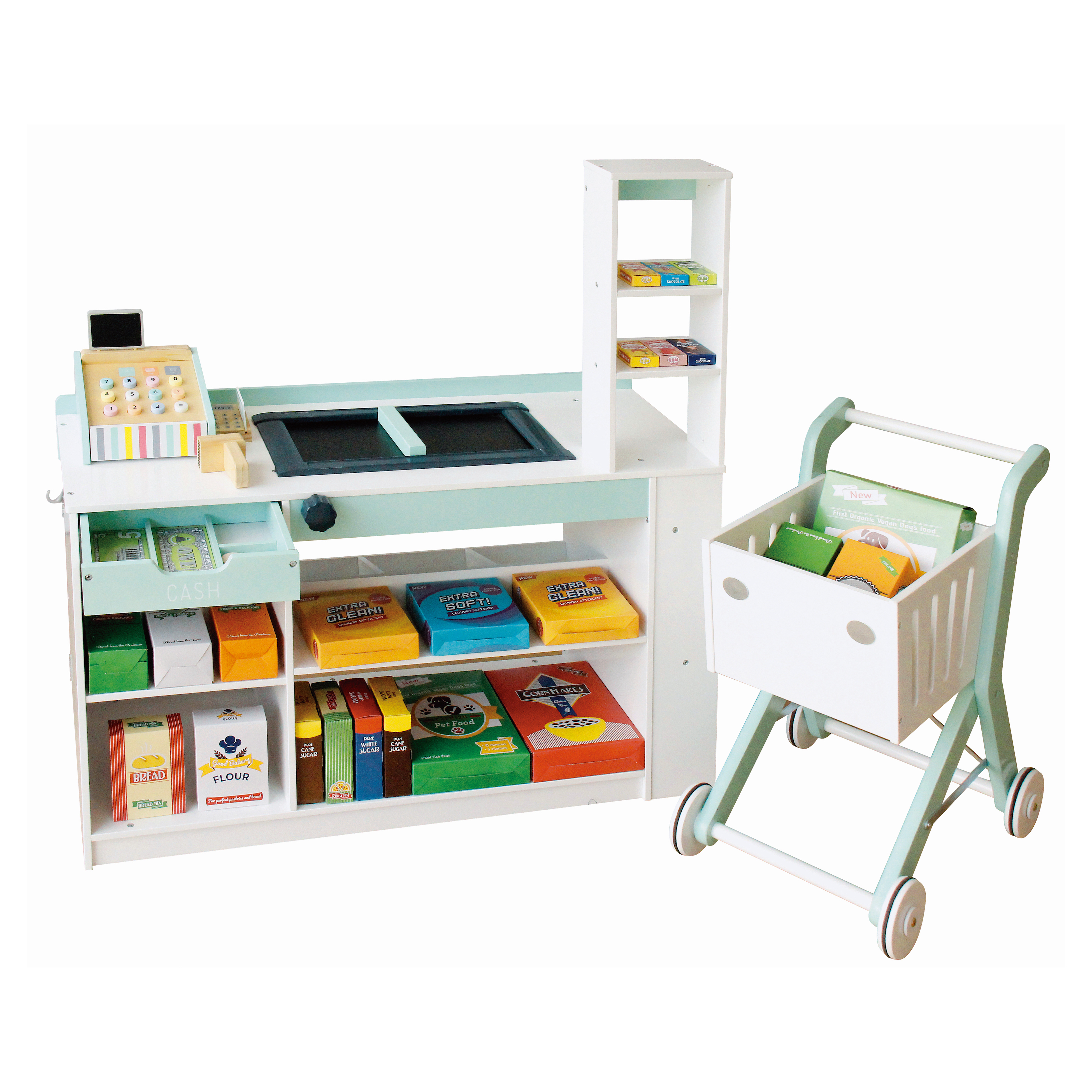 wooden supermarket with trolley and cash register toy