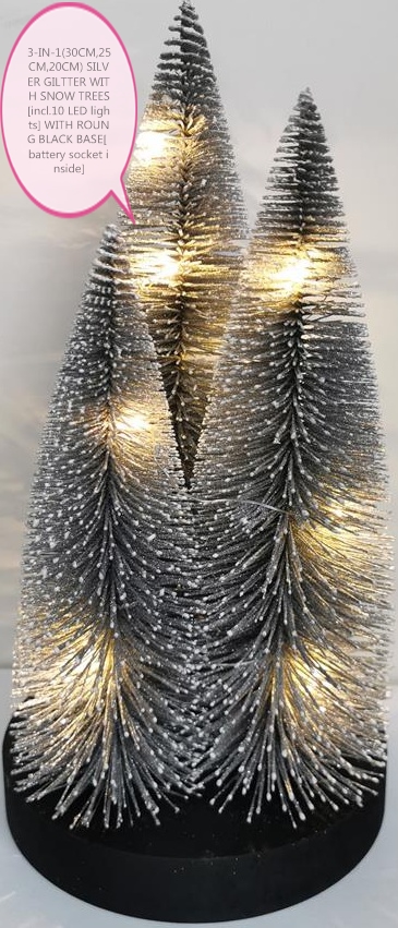 3-IN-1(30CM,25CM,20CM) SILVER GILTTER WITH SNOW TREES[incl.10 LED lights]