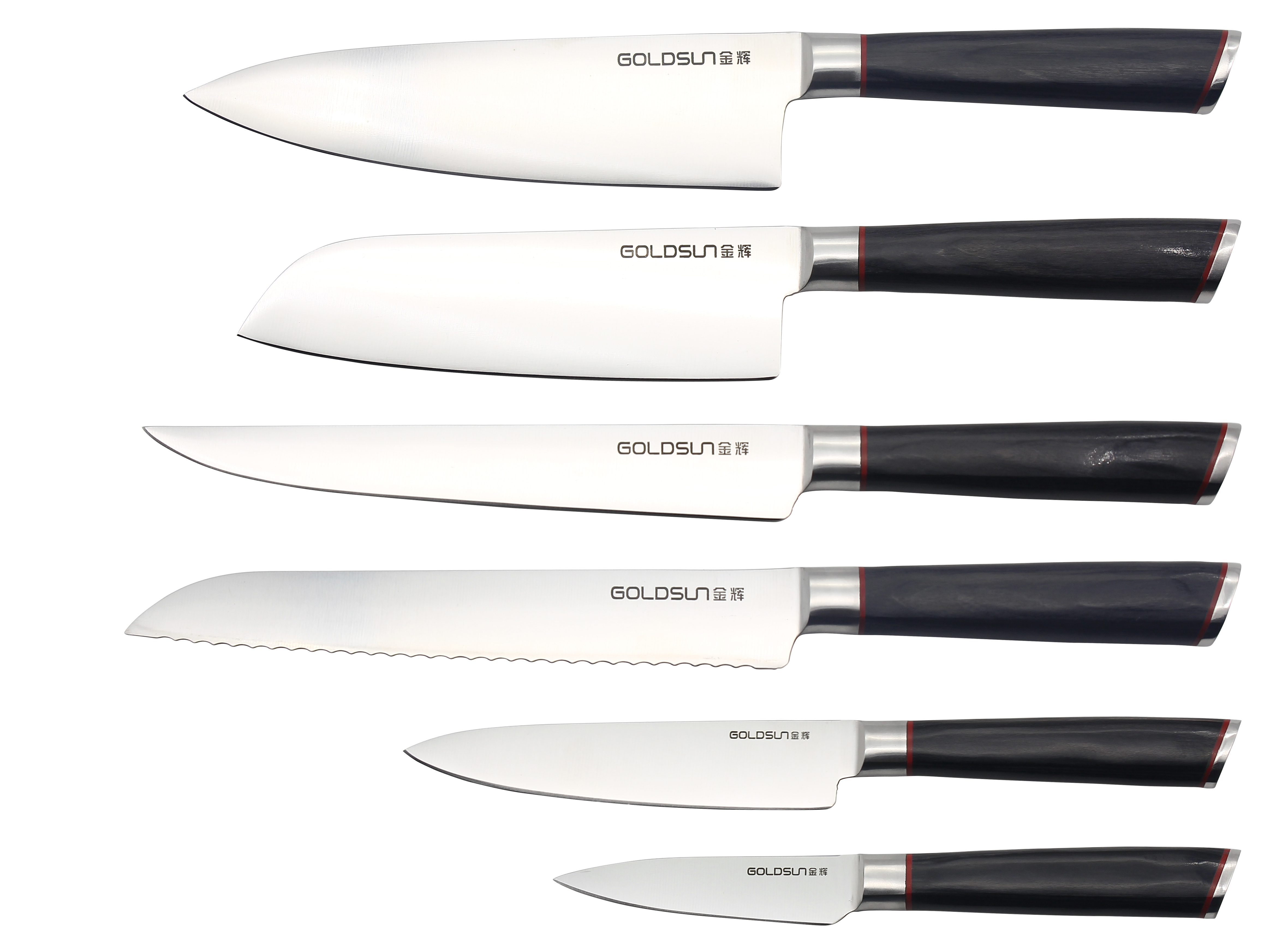 B30 pakkawood handle：chef's knife, santoku knife, slicing knife, bread knife, steak knife，utility knife, paring knife