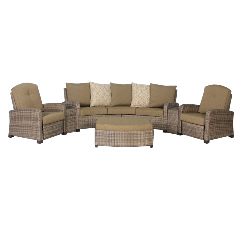 1 Outdoor leisure furniture Outdoor 6pcs woven recliner sofa set, Table &wicker recliner chair,3-seat sofa ,light grey wicker + cushion