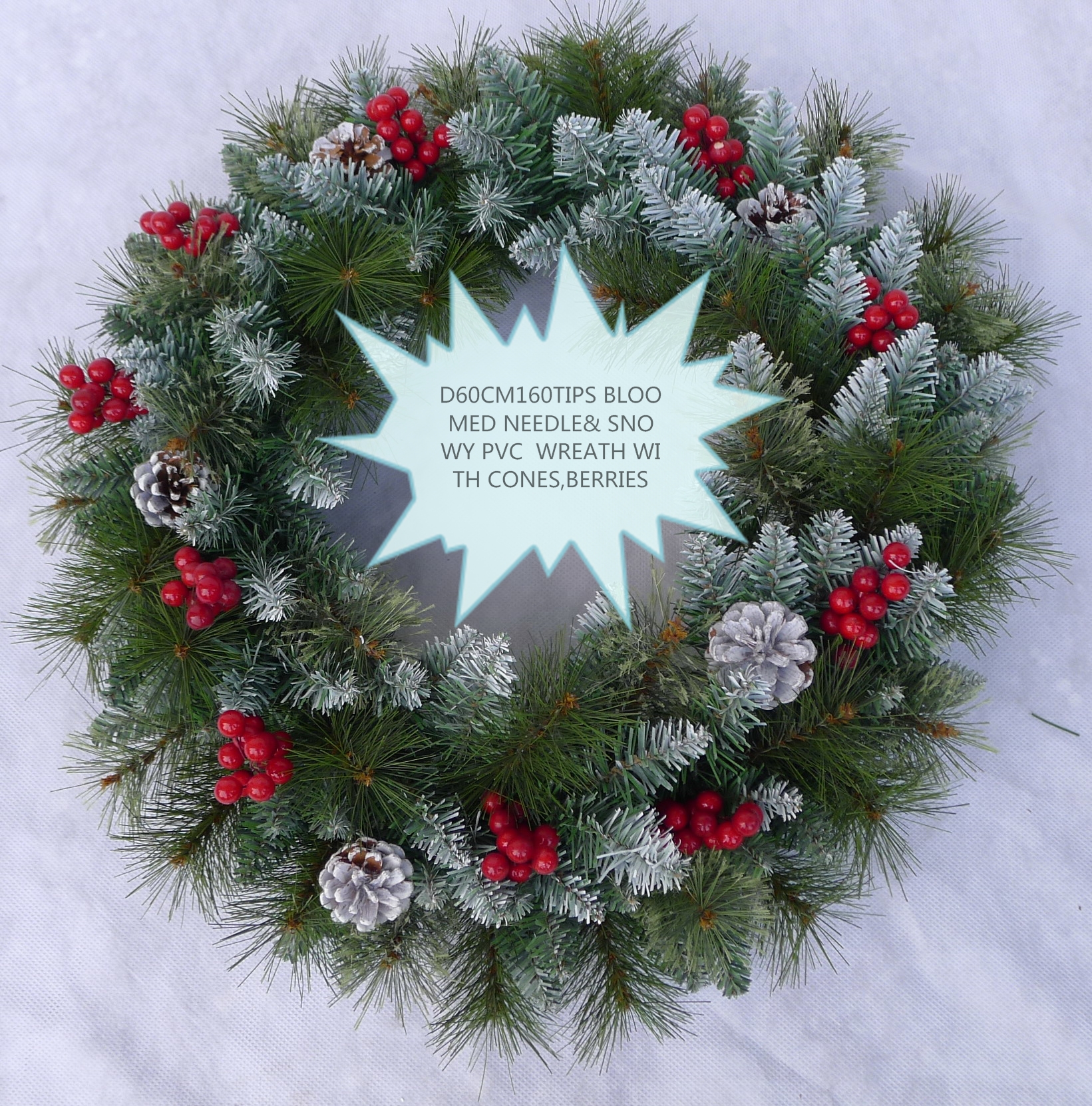 D60cm160tips Bloomed Needle& Snowy PVC Wreath With Cones,berries