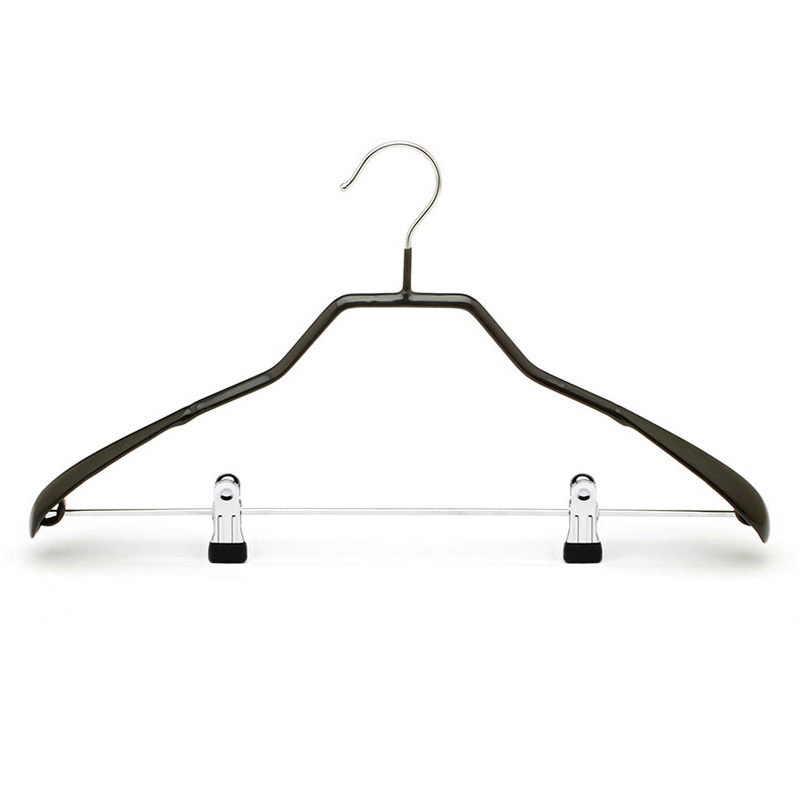 2020 Black Vinyl Coated Metal Coat Hanger with Pants Clips