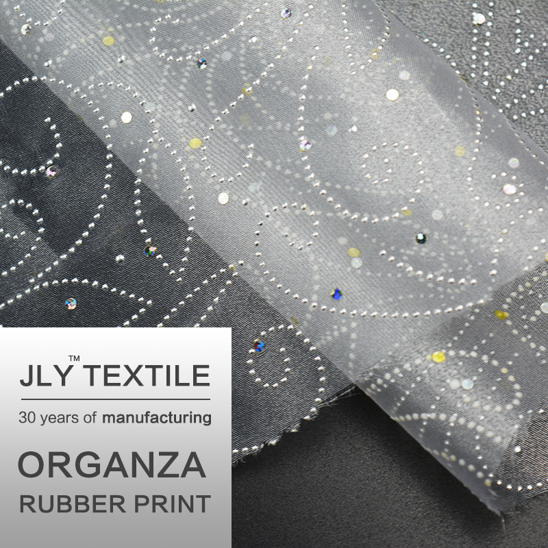 JLY Organza Fabric, Rubber Print Swirl White For Wedding Party Gift Dress Decorations