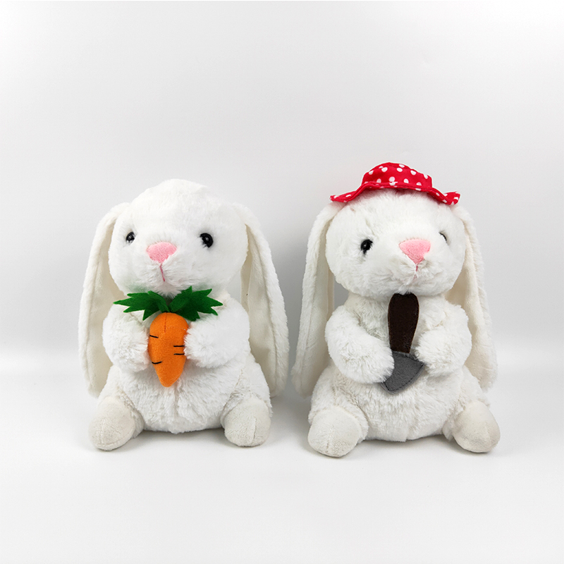 24cm plush white sitting rabbit with carrot and small shovel