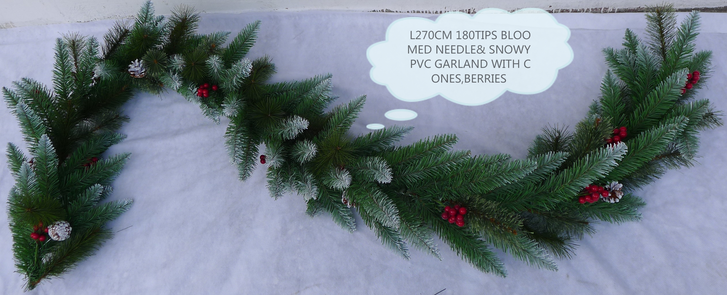 L270cm 180tips Bloomed Needle& Snowy PVC Garland With Cones,berries
