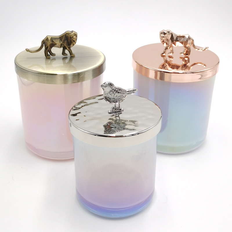 Unique Iridescent Glass Candle Jar With Animal Metal Lid