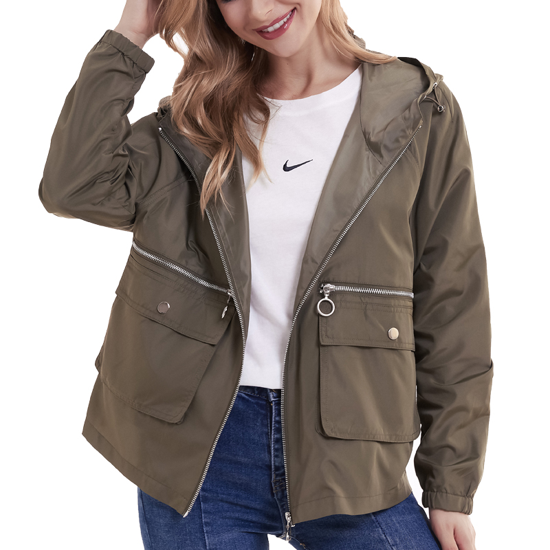 Womens hooded Classic Jacket Coat Lightweight Zip Up Windbreaker R19-201