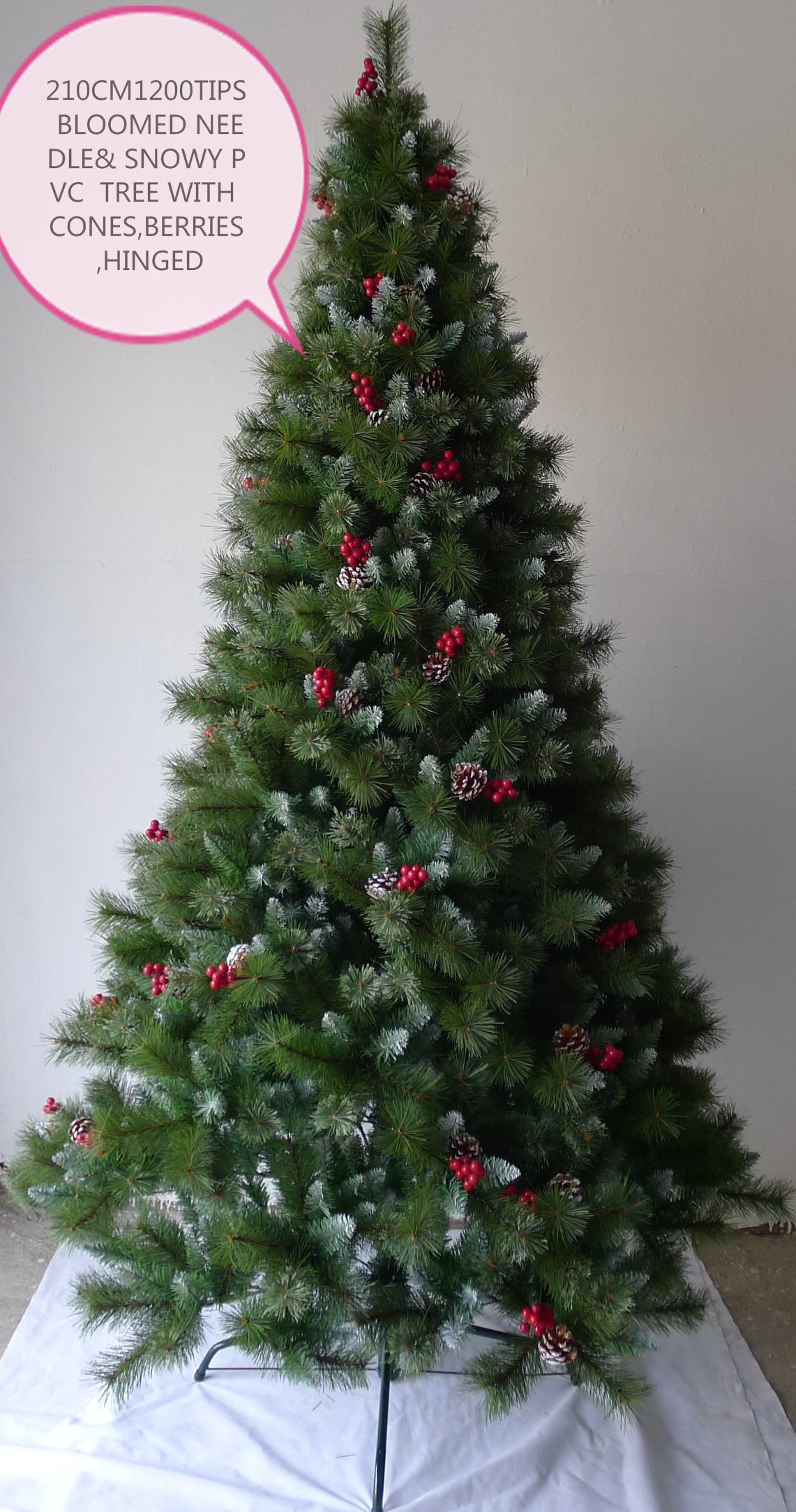 210cm-1200tips Bloomed Needle& Snowy PVC Tree With Cones,berries ,hinged