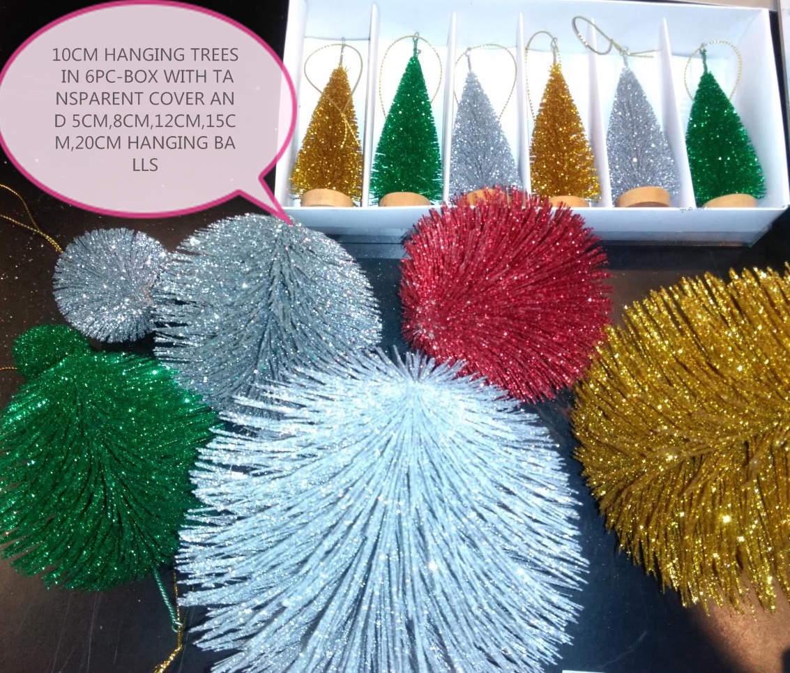 10cm Hanging Trees In 6pc-Box With Tansparent Cover And 5cm,8cm,12cm,15cm,20cm Hanging Balls