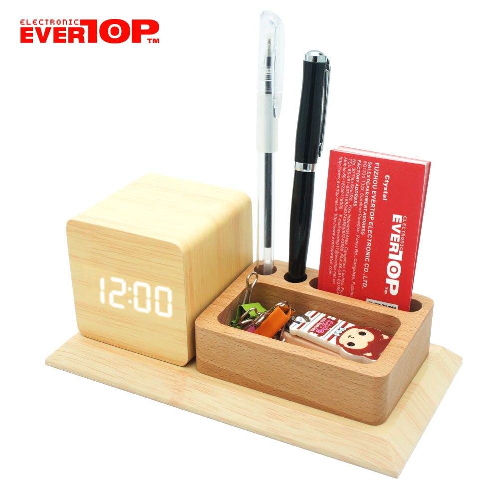 Multifunction Wooden Pen Holder with Alarm Clock ET544A
