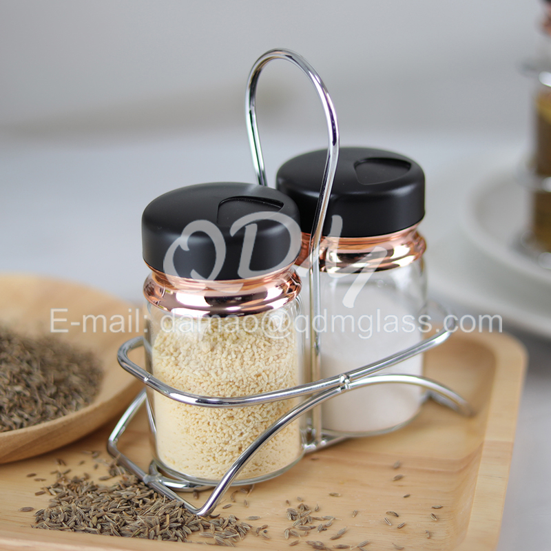 Set of 2 borosilicate glass spice jar with metal stand