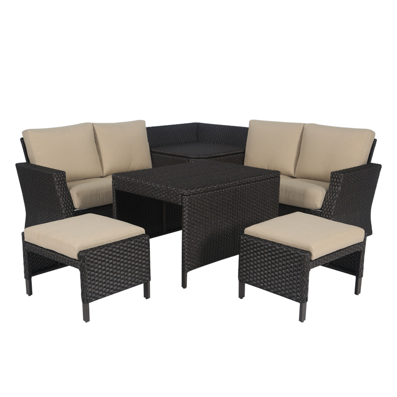 1 Outdoor leisure furniture Outdoor Garden Woven Sofa Set with Storage Function, Brown frame with light brown cushion