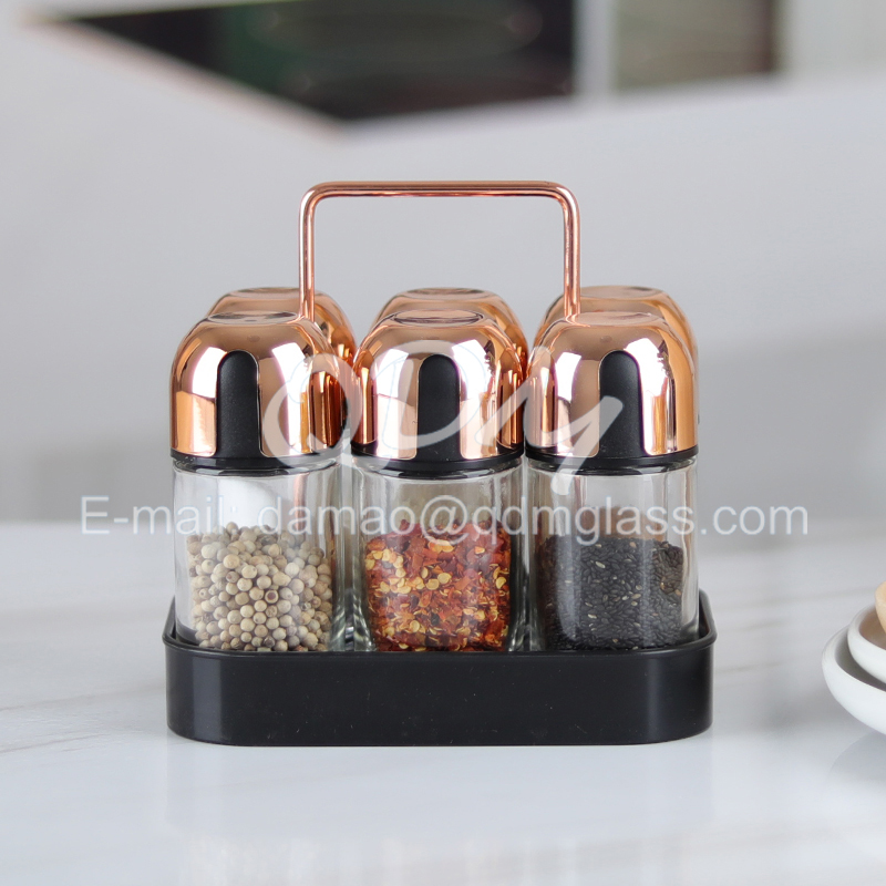 Set of 6pcs glass spice jar with metal stand in color box