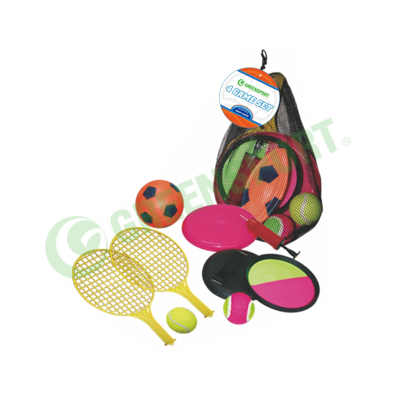 Best selling outerdoor 4 game set PLASTIC tennis set catch ball set and flying disc football