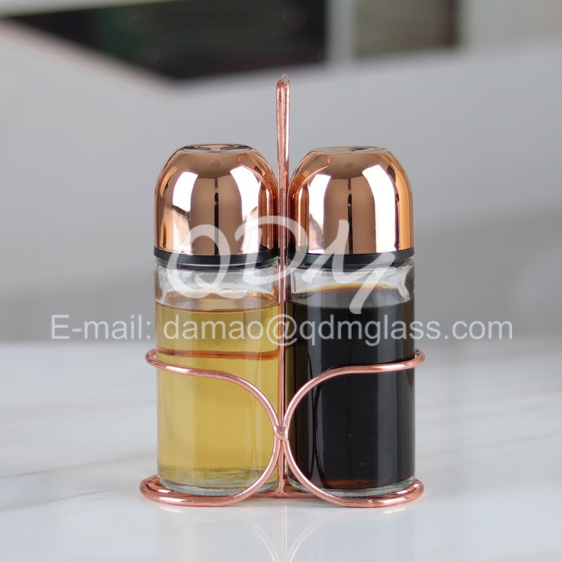 Set of 2pcs glass oil bottle with metal stand