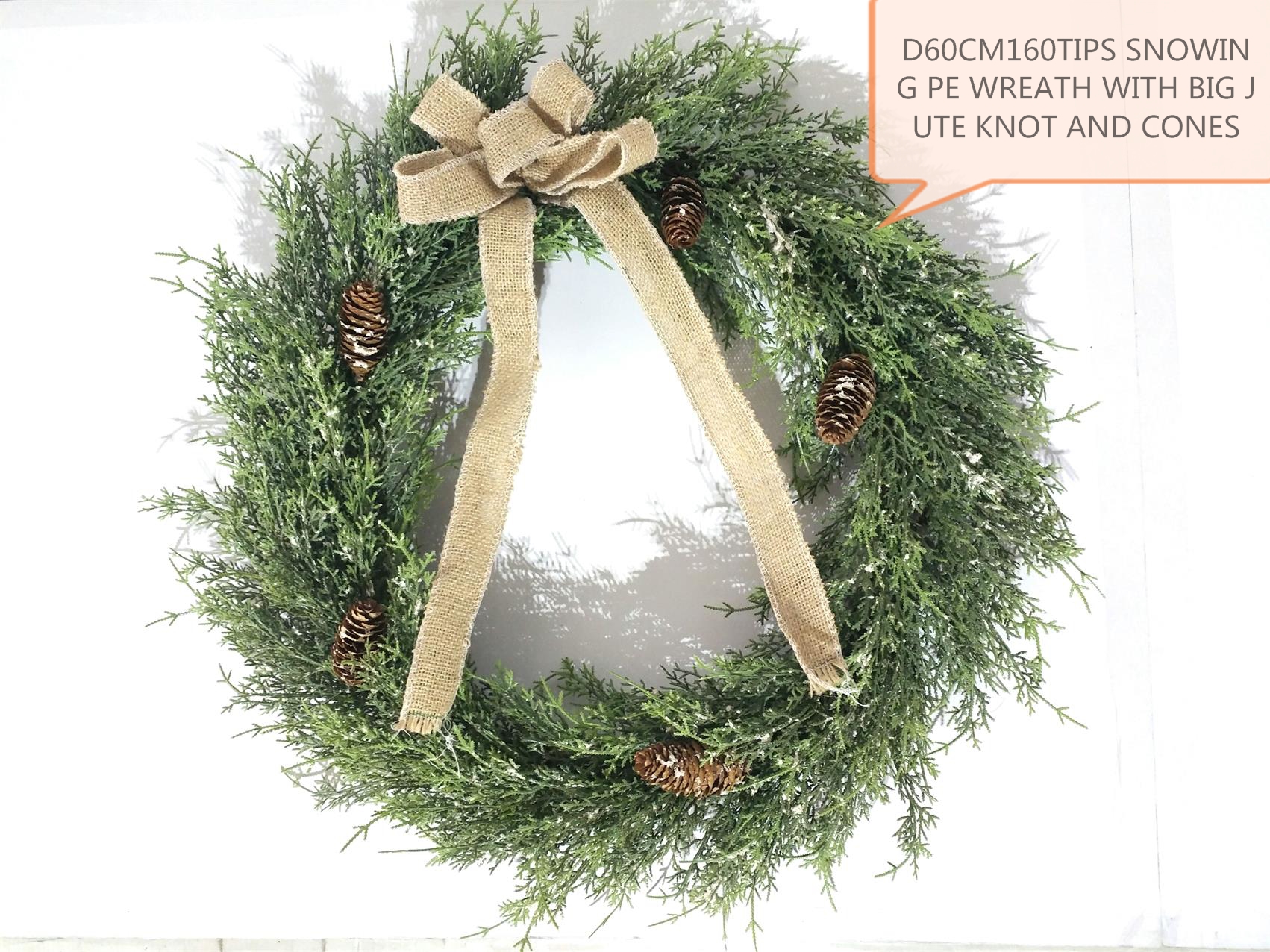D60cm-160tips Snowing Pe Wreath With Big Jute Knot And Cones