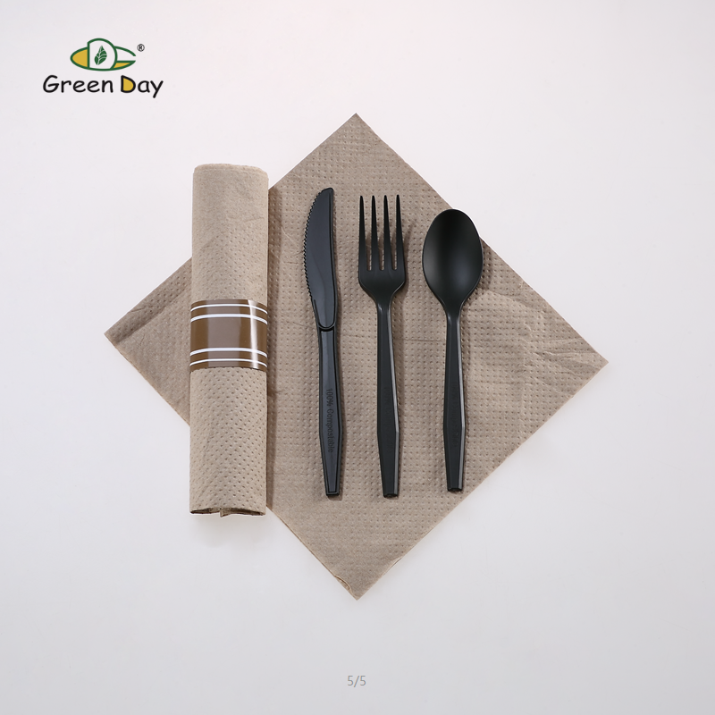 Premium Series CPLA Fork Knife Spoon Napkin Roll-Black