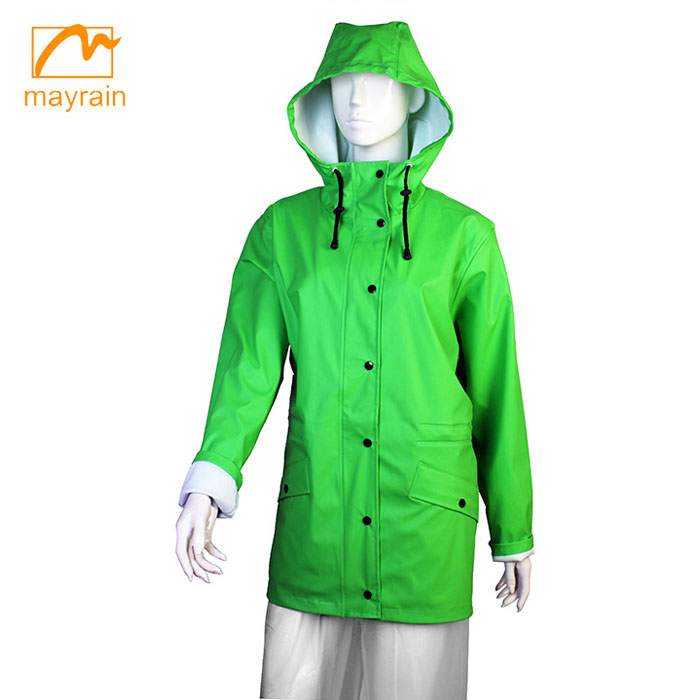 Green Color Ladies PU/polyester rain jacket rain coat rainsuit waterproof windproof