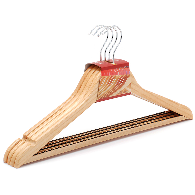 4 Pack Adult Natural Wooden Hanger with Anti Slip Pants Bar