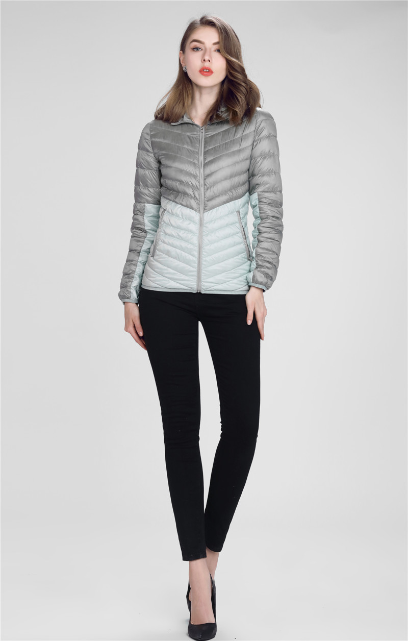 Womens hooded and spliced patchwork slim down jacket