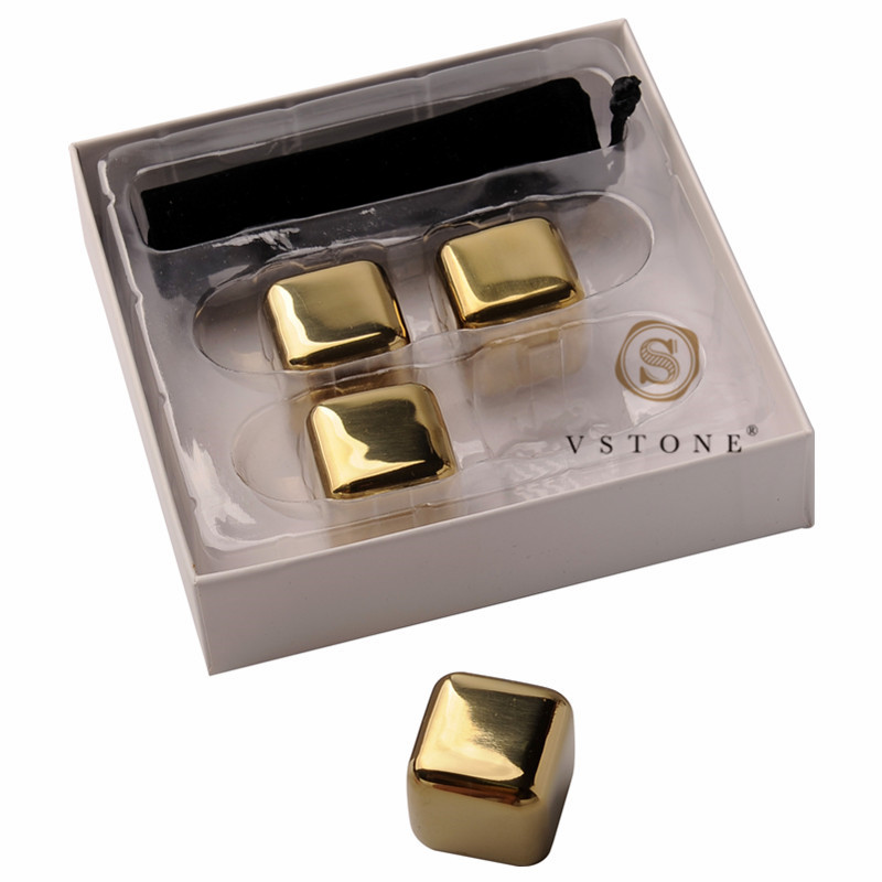 Set of 4 square plated gold stainless steel whiskey cube with velvet bag +PVC holder