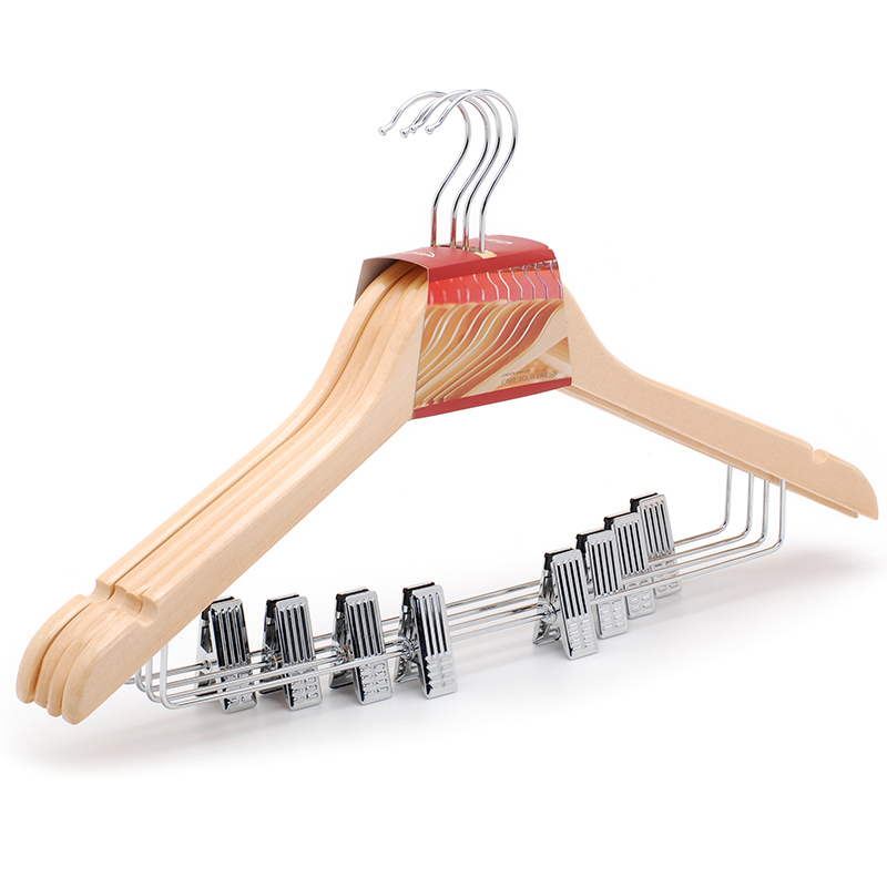 Wooden garment hangers with pants clips and notches