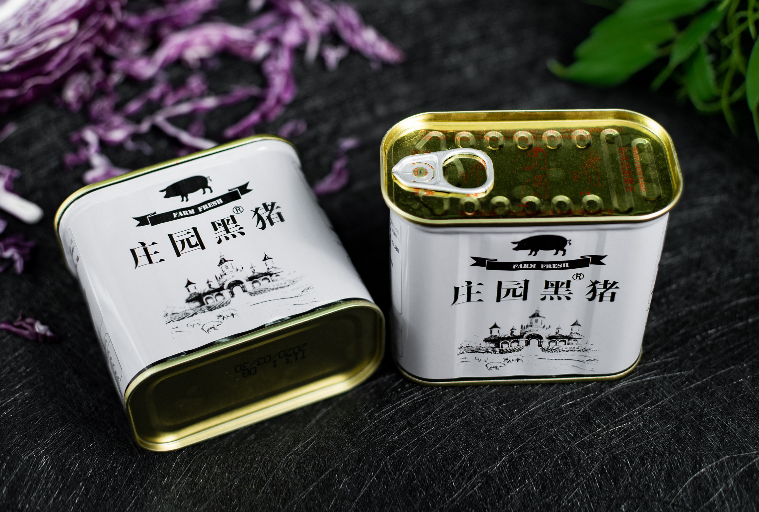 Can of farm black pig lunch meat