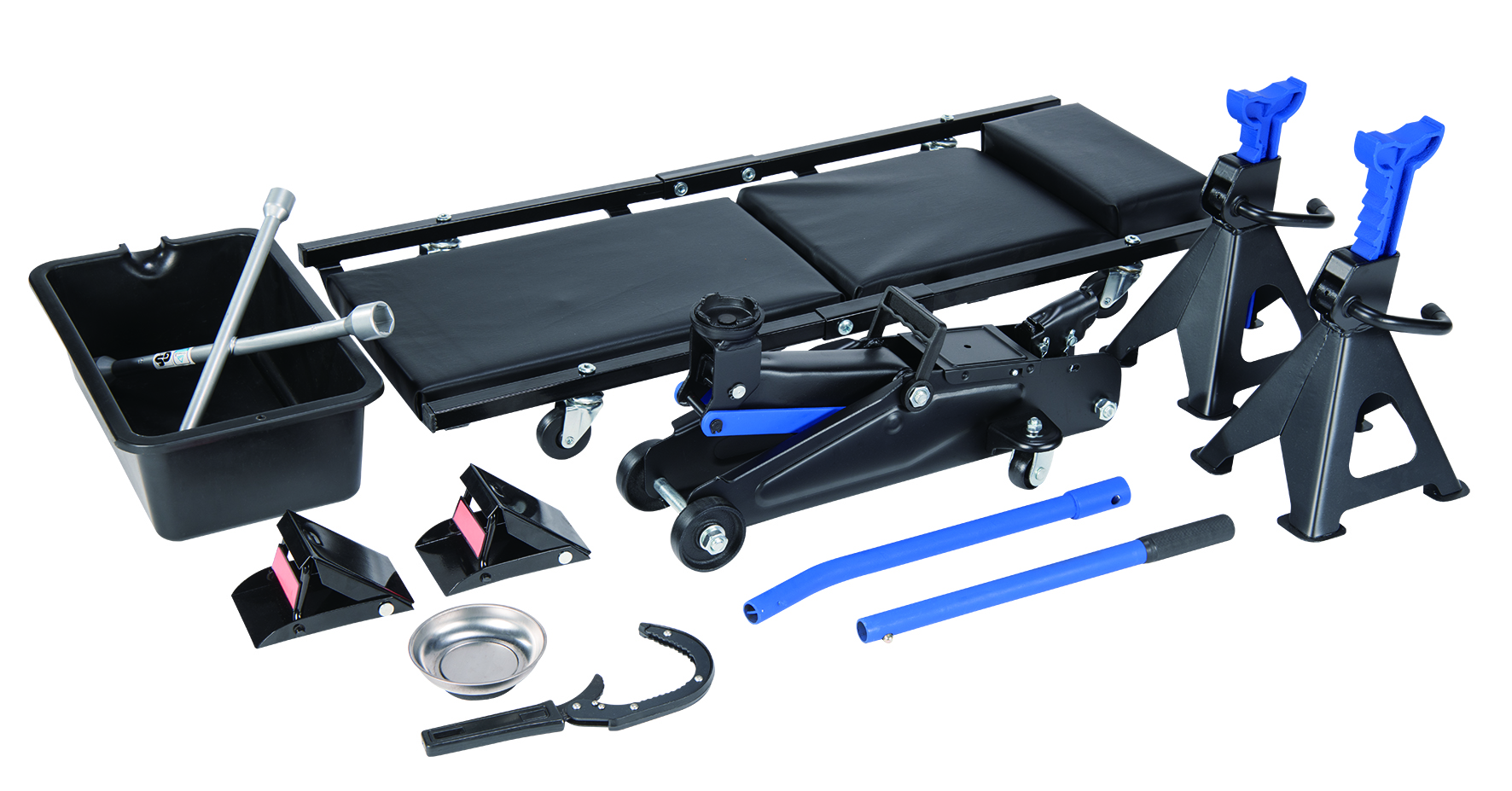 2 Ton Jack Combo Kit with Trolley Jack, 1 Pair of Jack Stands, Folding Creeper, Lug Wrench,Oil Pan，Magenetic Dish,Oil Filter Wrench and 1 Pair of Anti-Skid Chocks