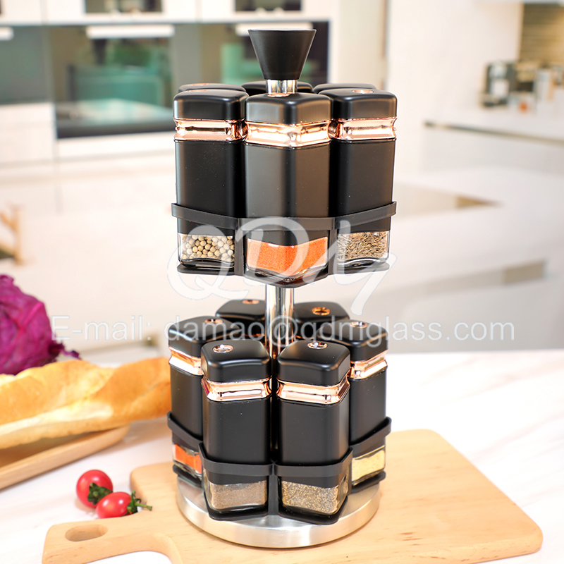 Glass seasoning square bottle set with metal cover in 12 pcs