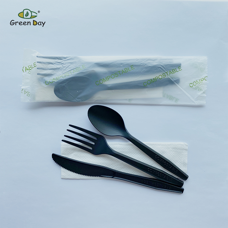 Premium Series CPLA Cutlery Kit with Compostable PBAT WrapperFork Knife Spoon Napkin-Black