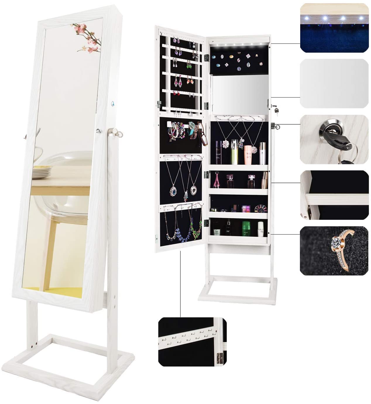 Fashion Durable Wooden Floor Mirror Jewelry Cabinet