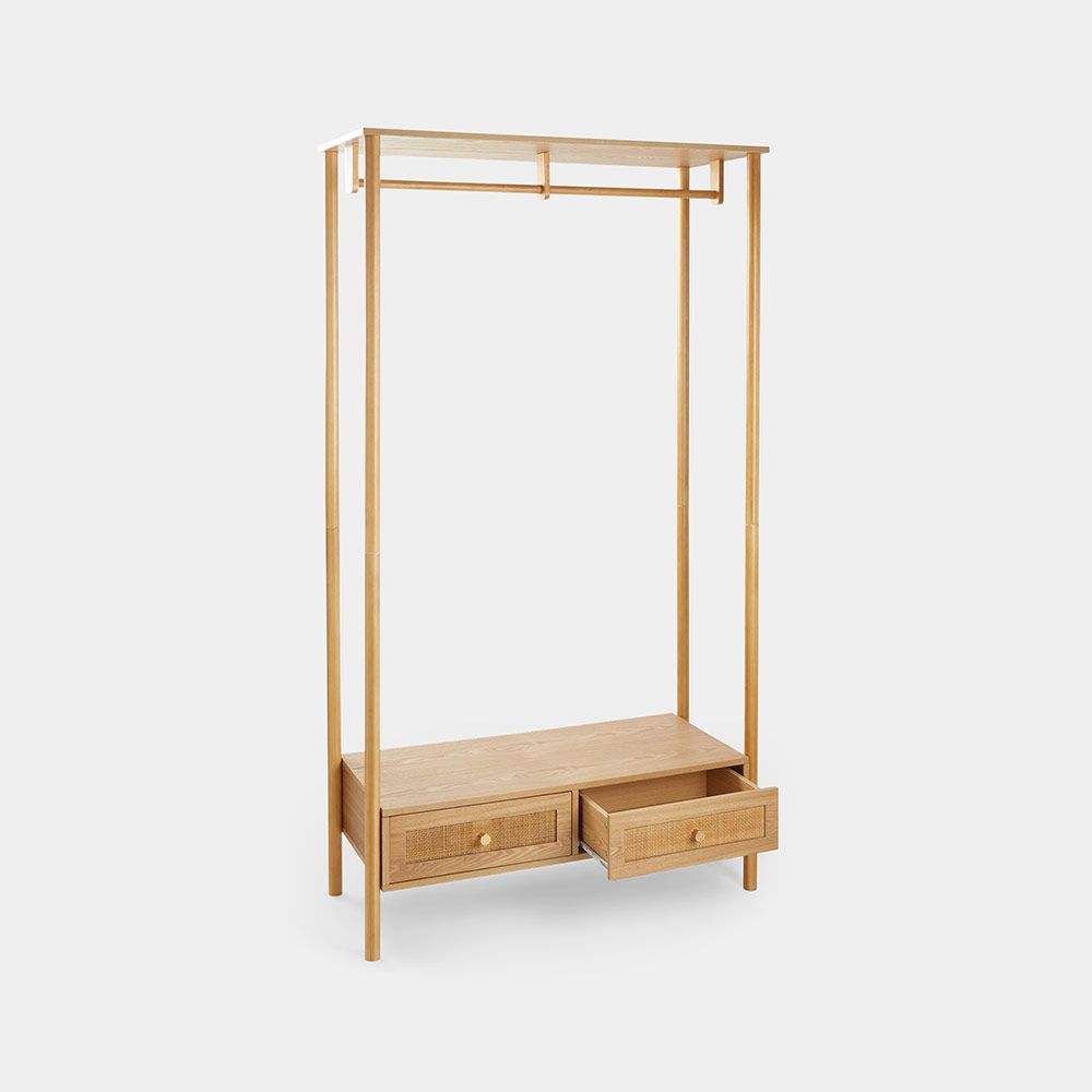 New Arrival Simple Style Rattan Wooden Standing Clothes Rail