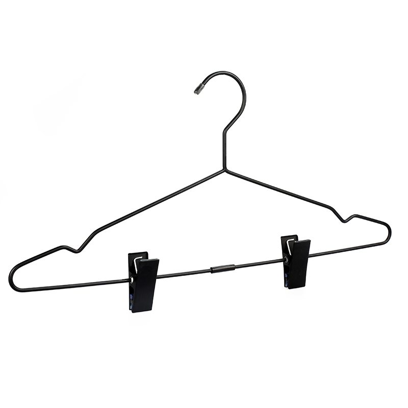 matt black finished wire clothes hanger with flat pant clips