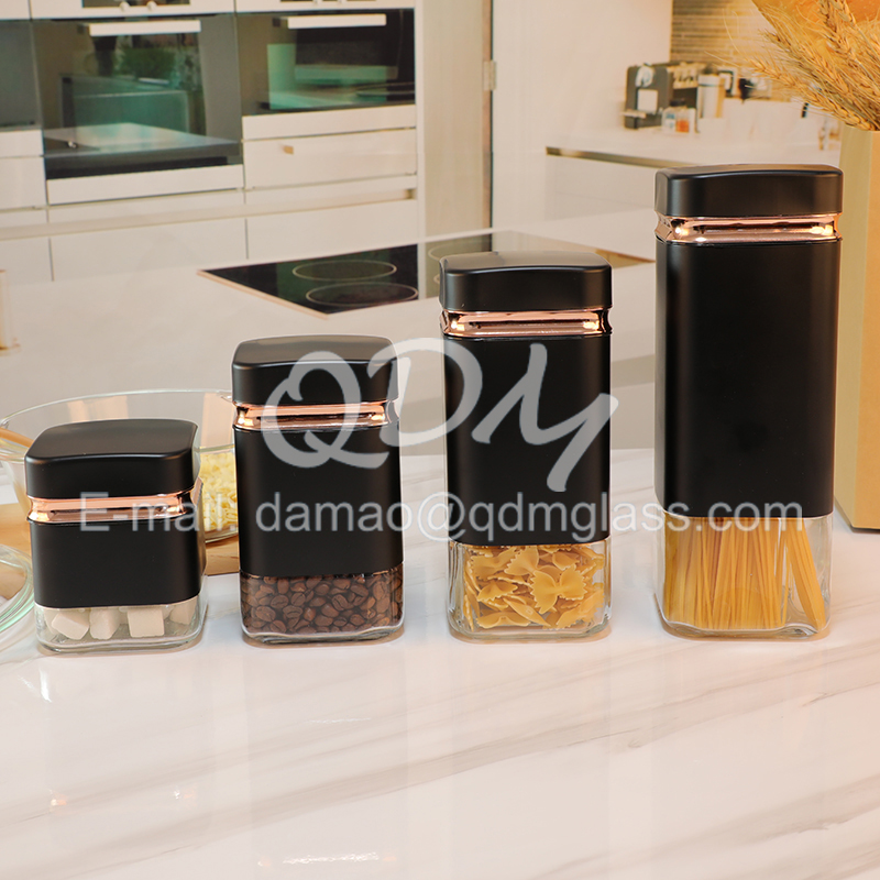 Glass storage square canister with metal cover in 4pcs