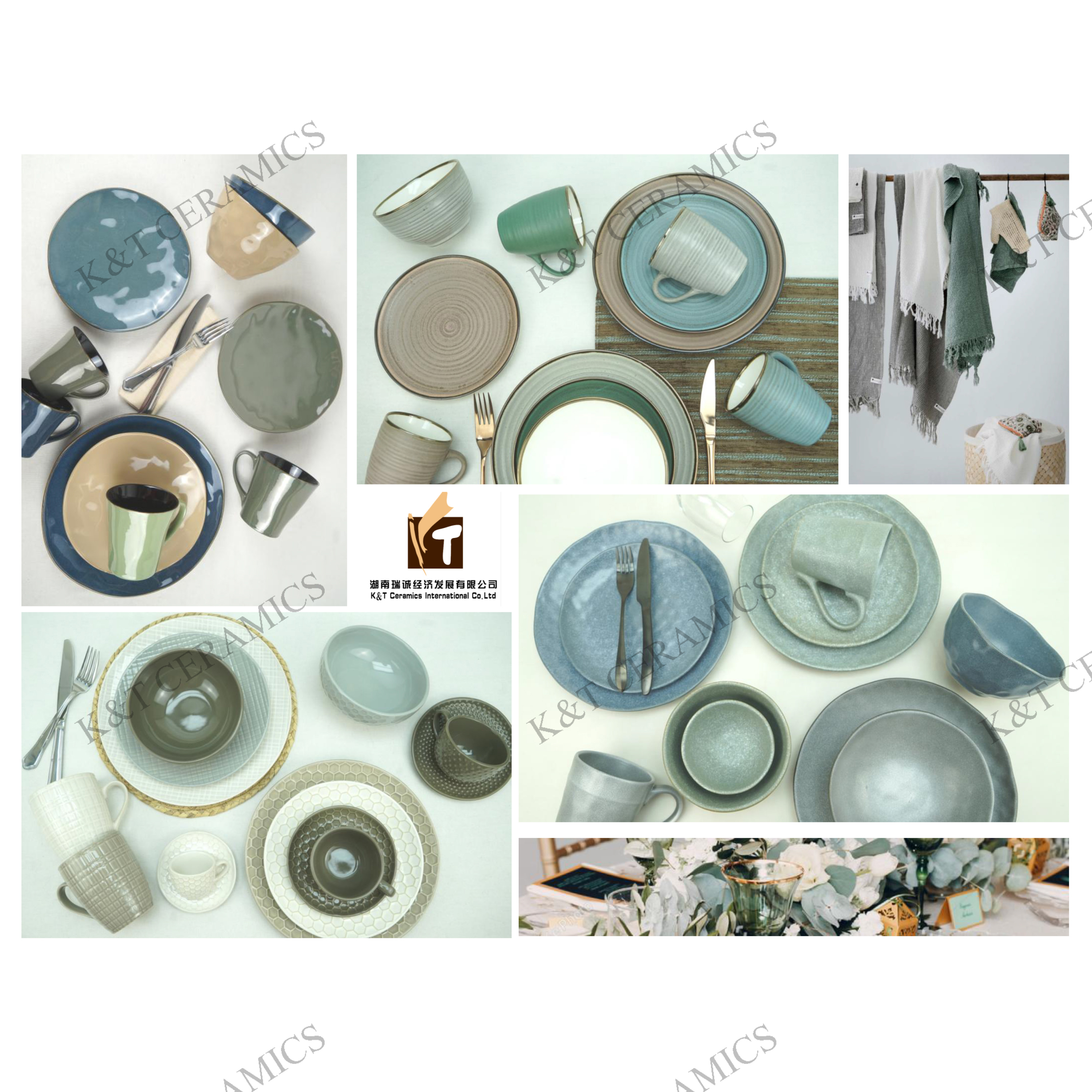 Stoneware reactive glaze dinner set with embossed design
