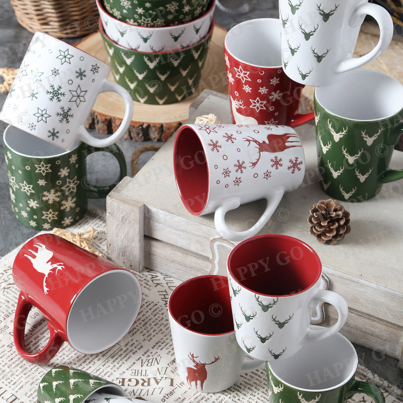 304ML/10.7OZ Stoneware silk screen printing mug with Christmas design