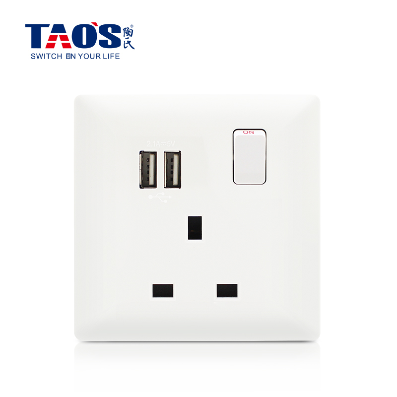 13A 1 gang switched socket, DP + 2*USB (2.1A shared) +neon (switch control USB)