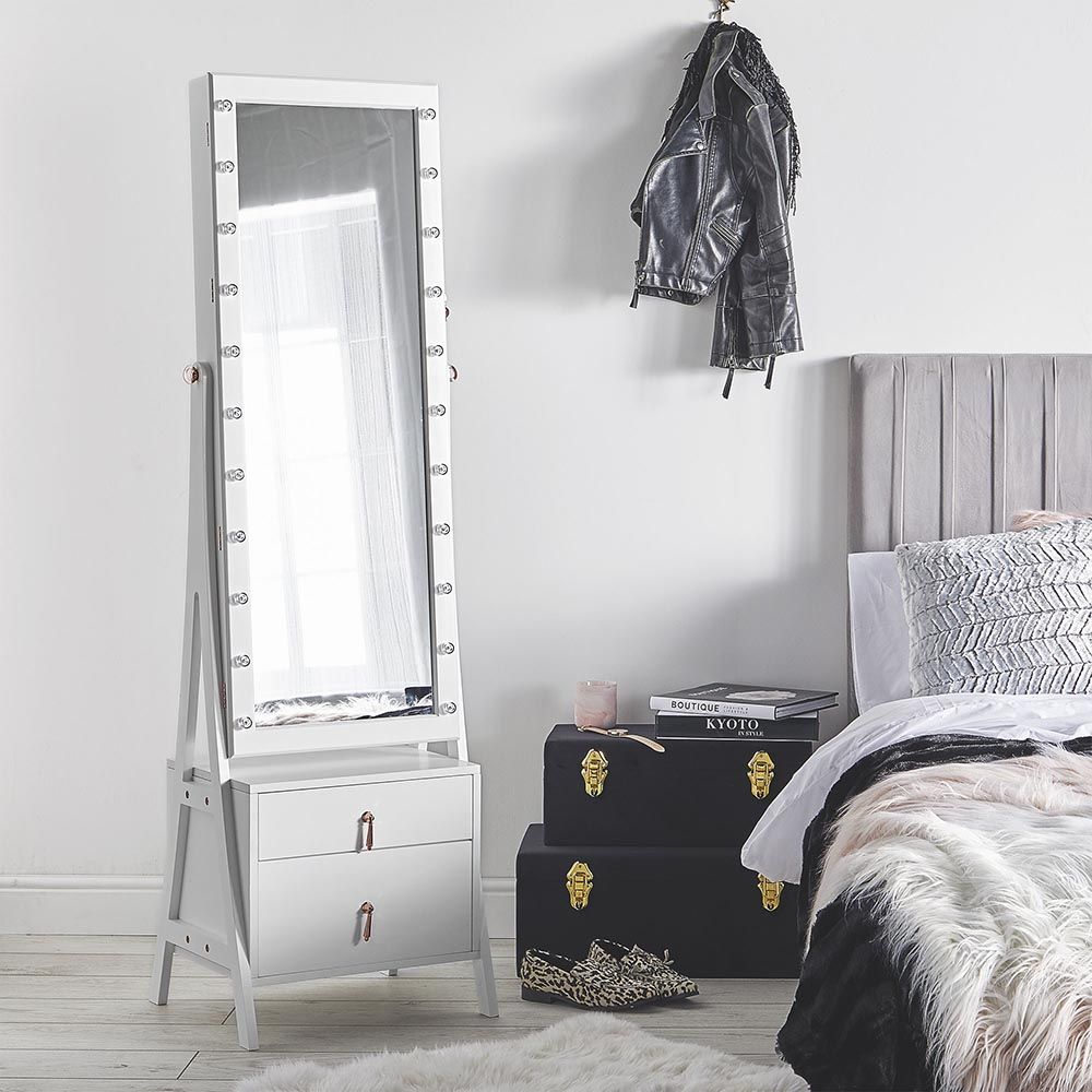 Display Led Standing Mirror Storage Drawer Jewelry Cabinet