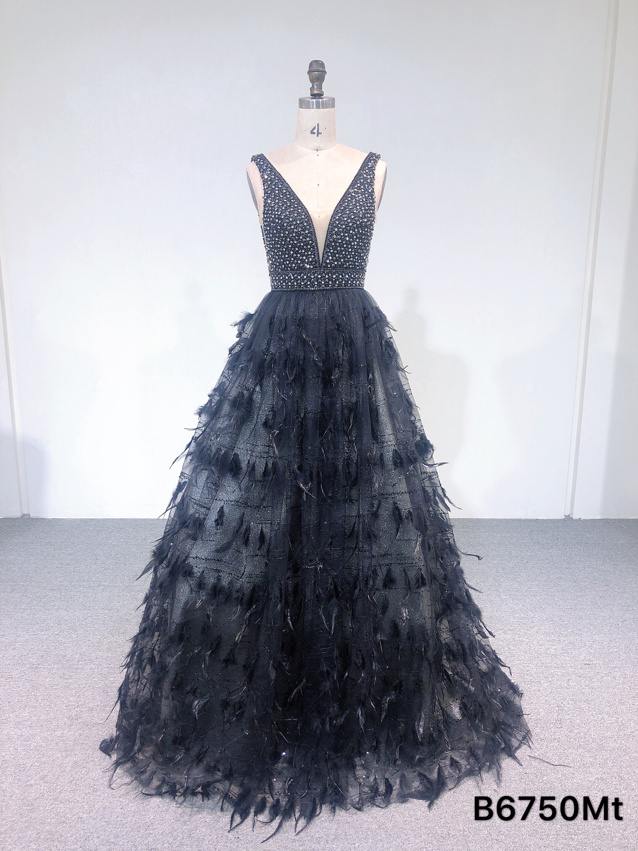 Black mesh feather long dress